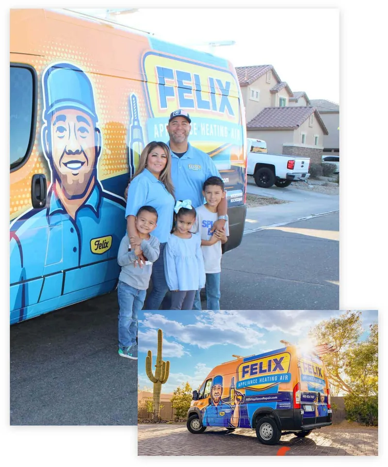 The Felix family standing beside their wrapped service van